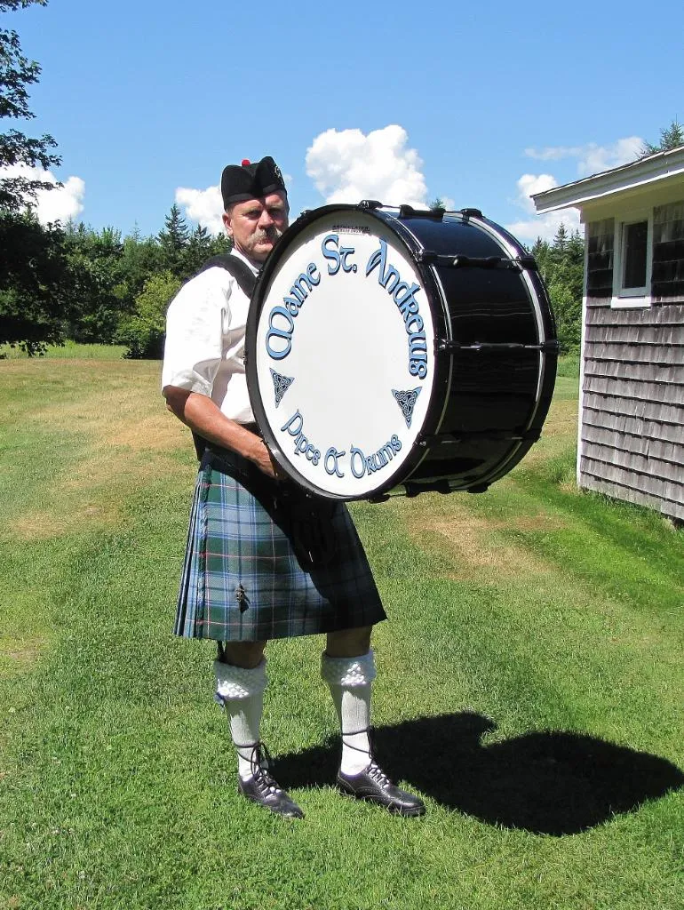 MSAPD's bass drummer with the band's painted Maine St. Andrew's bass drum
